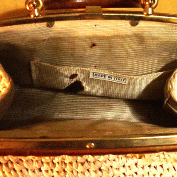 TAN STRAW AND WOOD VINTAGE BAG - Picture 3 of 3